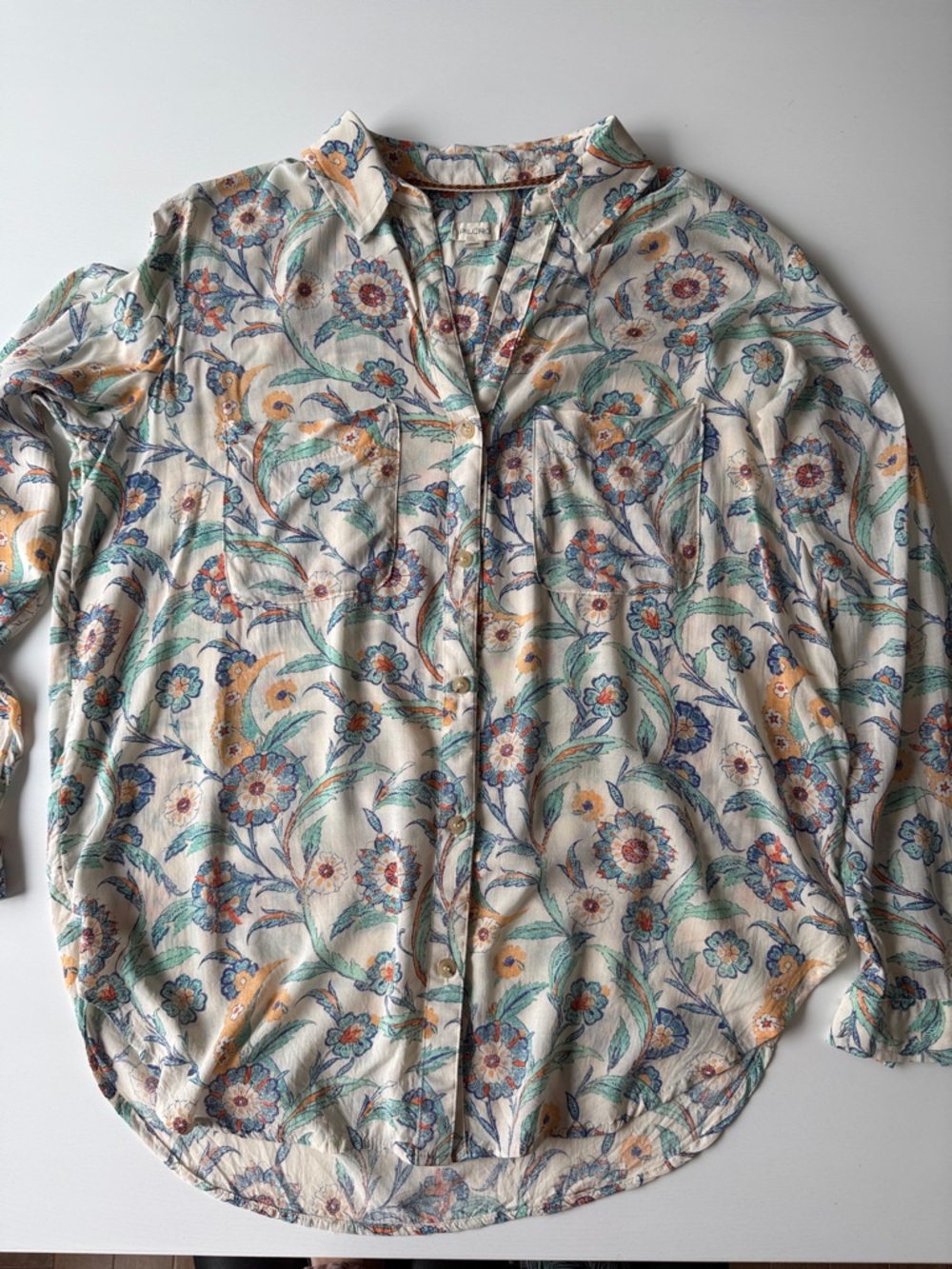 Pilcro Cream Blouse with Blue and Green Floral Print